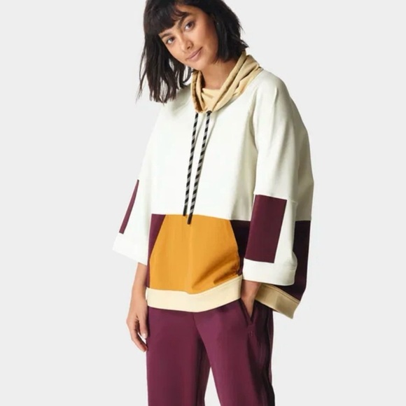 SWEATY BETTY Mix It Up Colorblock Sweatshirt Size XS Pocket 3/4 Sleeve Boxy Fit - Picture 1 of 11